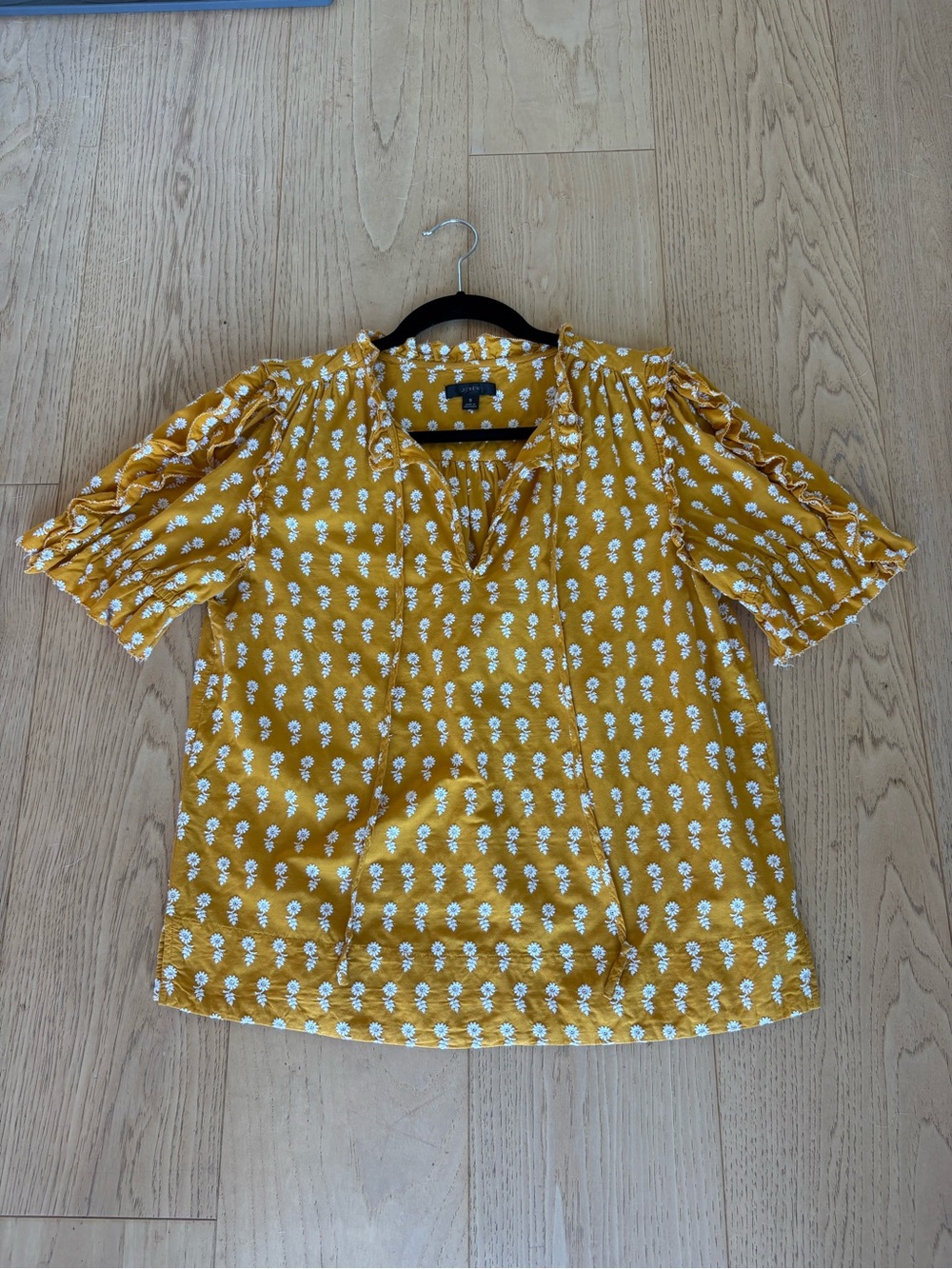 J. Crew Mustard Yellow Floral Split V Puff-Sleeve Blouse